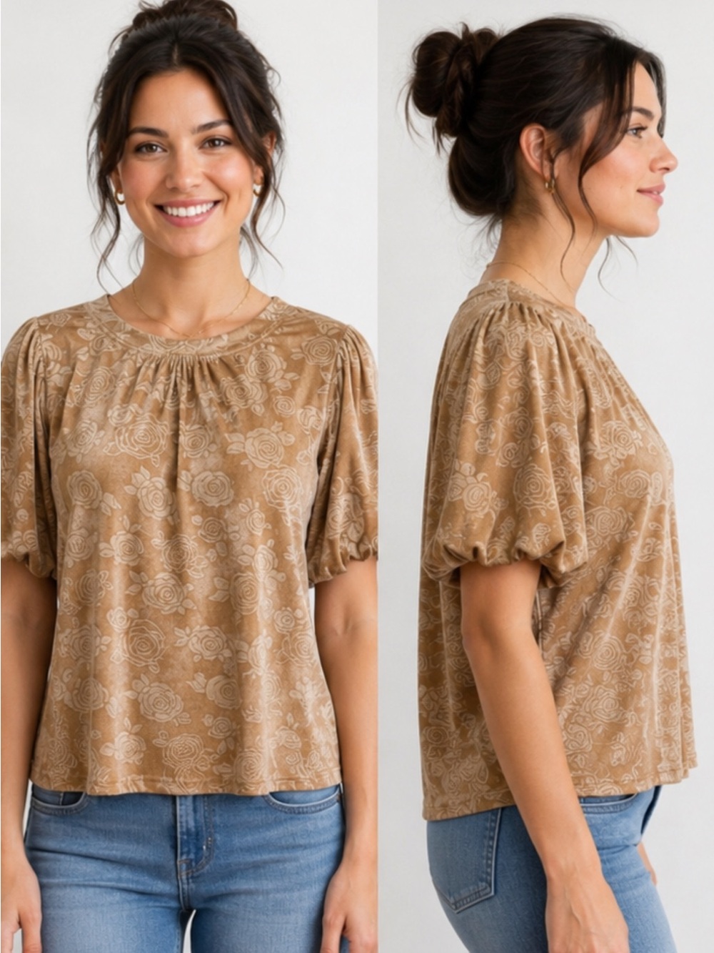 VOY Women’s Large Tan Floral Print Blouse Top Short Sleeve Gathered Neck